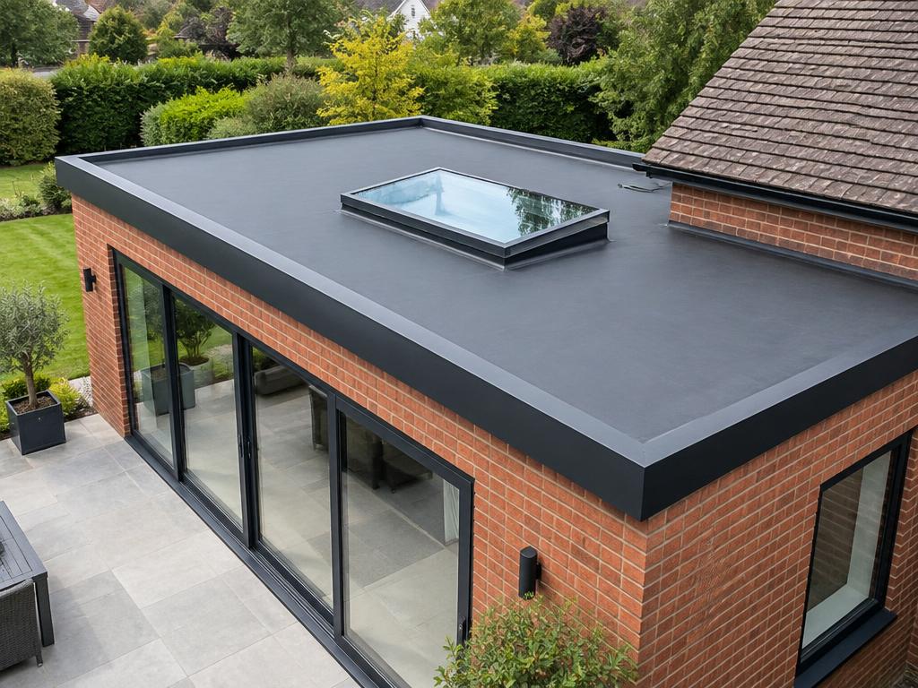 A modern flat roof with a rooflight on a brick extension