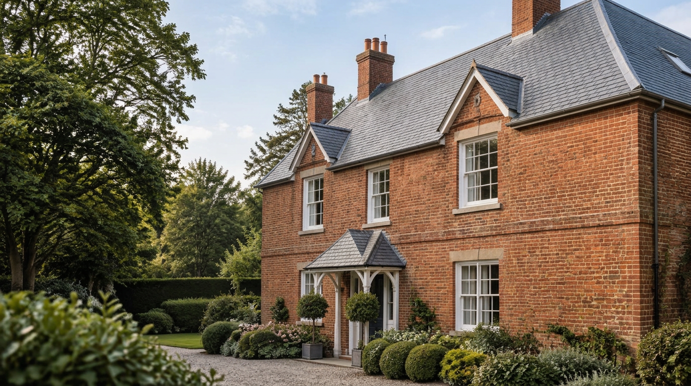 Detailed slate roofing and clean rooflines on a red-brick Hampshire-style home